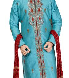 Turquoise embroidered art dupion silk sherwani