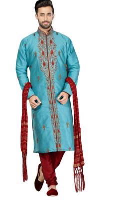 Turquoise embroidered art dupion silk sherwani 1