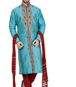 Turquoise embroidered art dupion silk sherwani