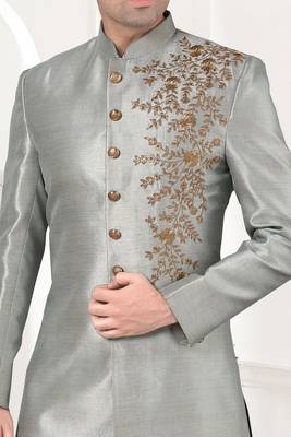 Grey embroidered art dupion silk sherwani 2