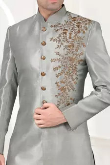 Grey embroidered art dupion silk sherwani