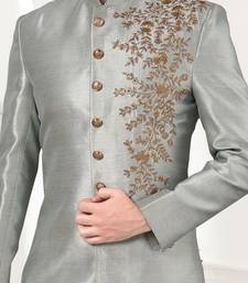 Grey embroidered art dupion silk sherwani