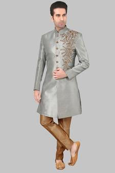 Grey embroidered art dupion silk sherwani