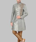 Grey embroidered art dupion silk sherwani