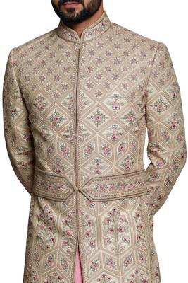 Beige embroidered art dupion silk sherwani 2
