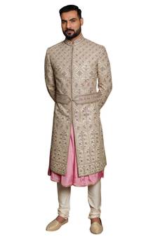 Beige embroidered art dupion silk sherwani