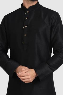 Black plain art dupion silk kurta-pajama 2