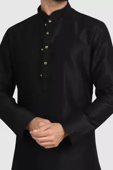 Black plain art dupion silk kurta-pajama