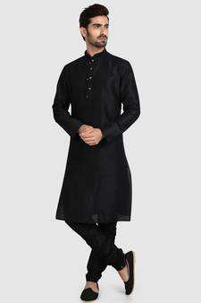 Black plain art dupion silk kurta-pajama
