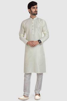 Fawn plain art dupion silk kurta-pajama