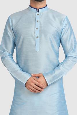 Turquoise plain art dupion silk kurta-pajama 2