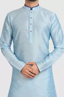 Turquoise plain art dupion silk kurta-pajama