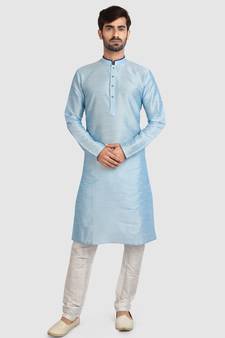 Turquoise plain art dupion silk kurta-pajama