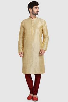 Fawn plain art dupion silk kurta-pajama