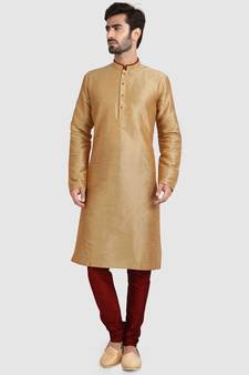 Fawn plain art dupion silk kurta-pajama