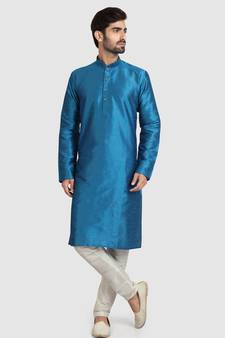 Blue plain art dupion silk kurta-pajama