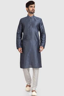 Grey plain art dupion silk kurta-pajama