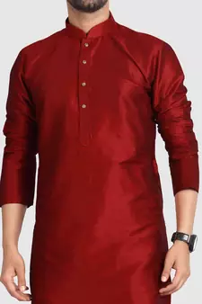 Red plain art dupion silk kurta-pajama