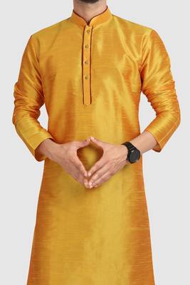 Yellow plain art dupion silk kurta-pajama 2