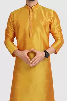 Yellow plain art dupion silk kurta-pajama