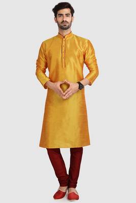 Yellow plain art dupion silk kurta-pajama 1