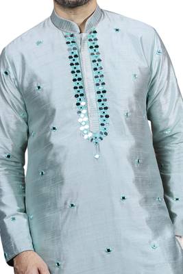 Turquoise embroidered art dupion silk kurta-pajama 2