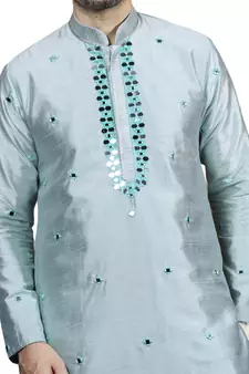 Turquoise embroidered art dupion silk kurta-pajama
