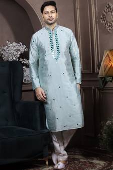Turquoise embroidered art dupion silk kurta-pajama