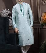 Turquoise embroidered art dupion silk kurta-pajama