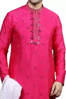 Pink embroidered art dupion silk kurta-pajama