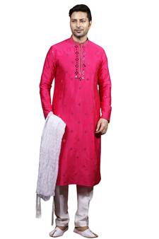 Pink embroidered art dupion silk kurta-pajama