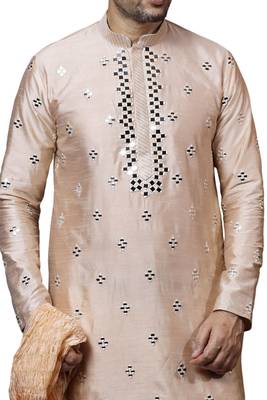 Beige embroidered art dupion silk kurta-pajama 2