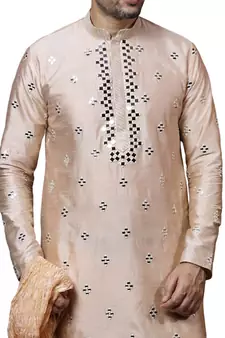 Beige embroidered art dupion silk kurta-pajama
