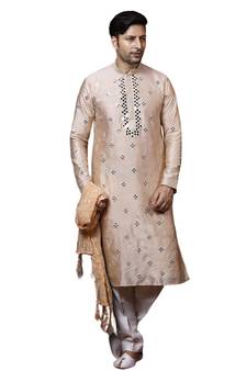 Beige embroidered art dupion silk kurta-pajama