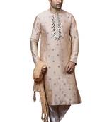 Beige embroidered art dupion silk kurta-pajama