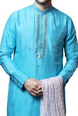 Blue embroidered art dupion silk kurta-pajama 2