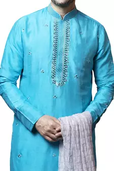 Blue embroidered art dupion silk kurta-pajama