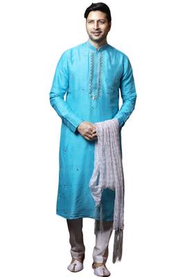 Blue embroidered art dupion silk kurta-pajama 1