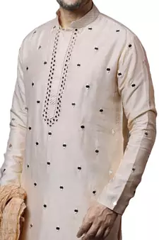 Beige embroidered art dupion silk kurta-pajama