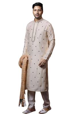 Beige embroidered art dupion silk kurta-pajama 1