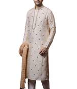 Beige embroidered art dupion silk kurta-pajama