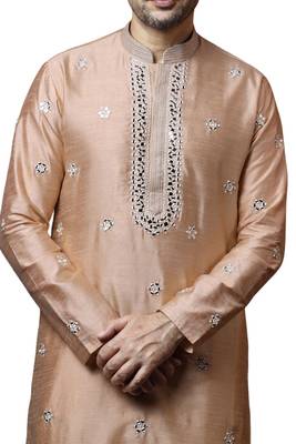Beige embroidered art dupion silk kurta-pajama 2