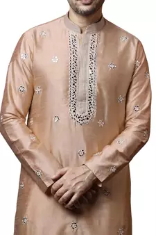 Beige embroidered art dupion silk kurta-pajama