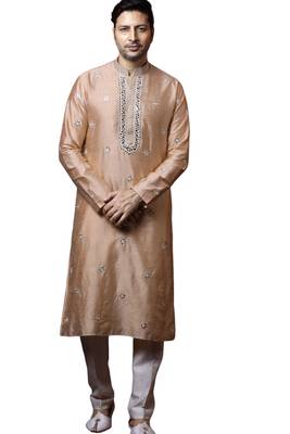 Beige embroidered art dupion silk kurta-pajama 1
