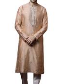 Beige embroidered art dupion silk kurta-pajama