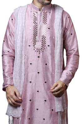 Pink embroidered art dupion silk kurta-pajama 2