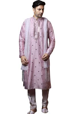 Pink embroidered art dupion silk kurta-pajama 1