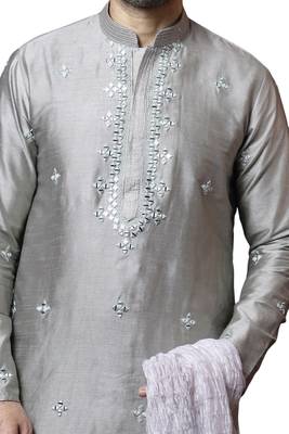 Grey embroidered art dupion silk kurta-pajama 2