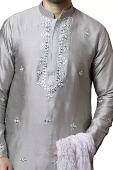 Grey embroidered art dupion silk kurta-pajama