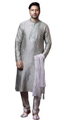Grey embroidered art dupion silk kurta-pajama 1